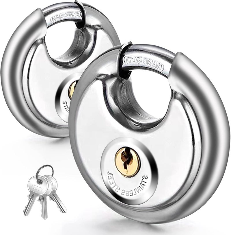 Vervida ® Keyed Padlock, 2 Pack Stainless Steel Discus Lock Heavy Duty with 6 Keys, Disc Lock 3/8 Inch Shackle Waterproof and Rustproof for Storage Warehouse, Garage, Storage Outdoors (Keyed Different) - Image 1